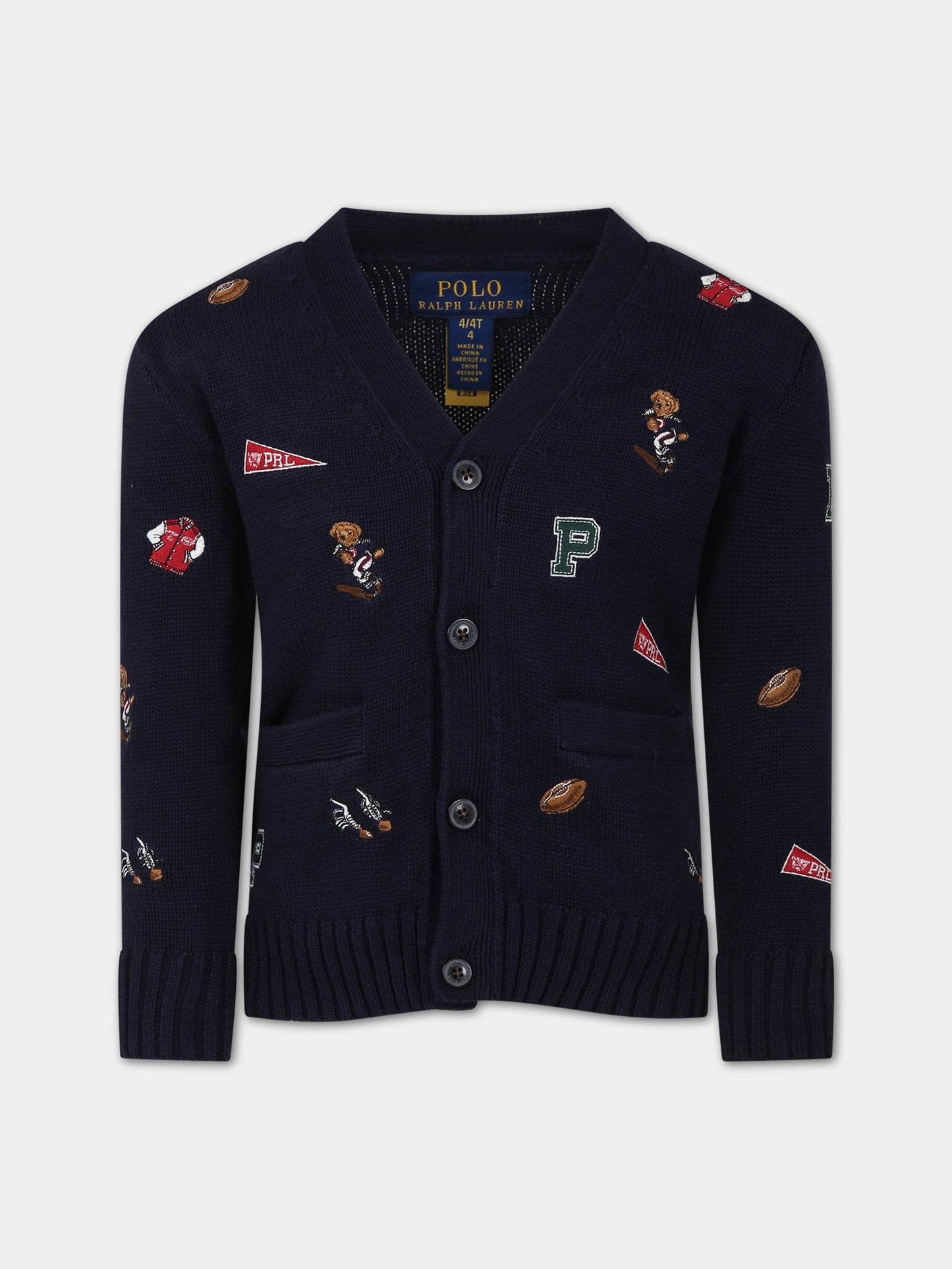 Cardigan blu per bambino con orso,Ralph Lauren Kids,918349001