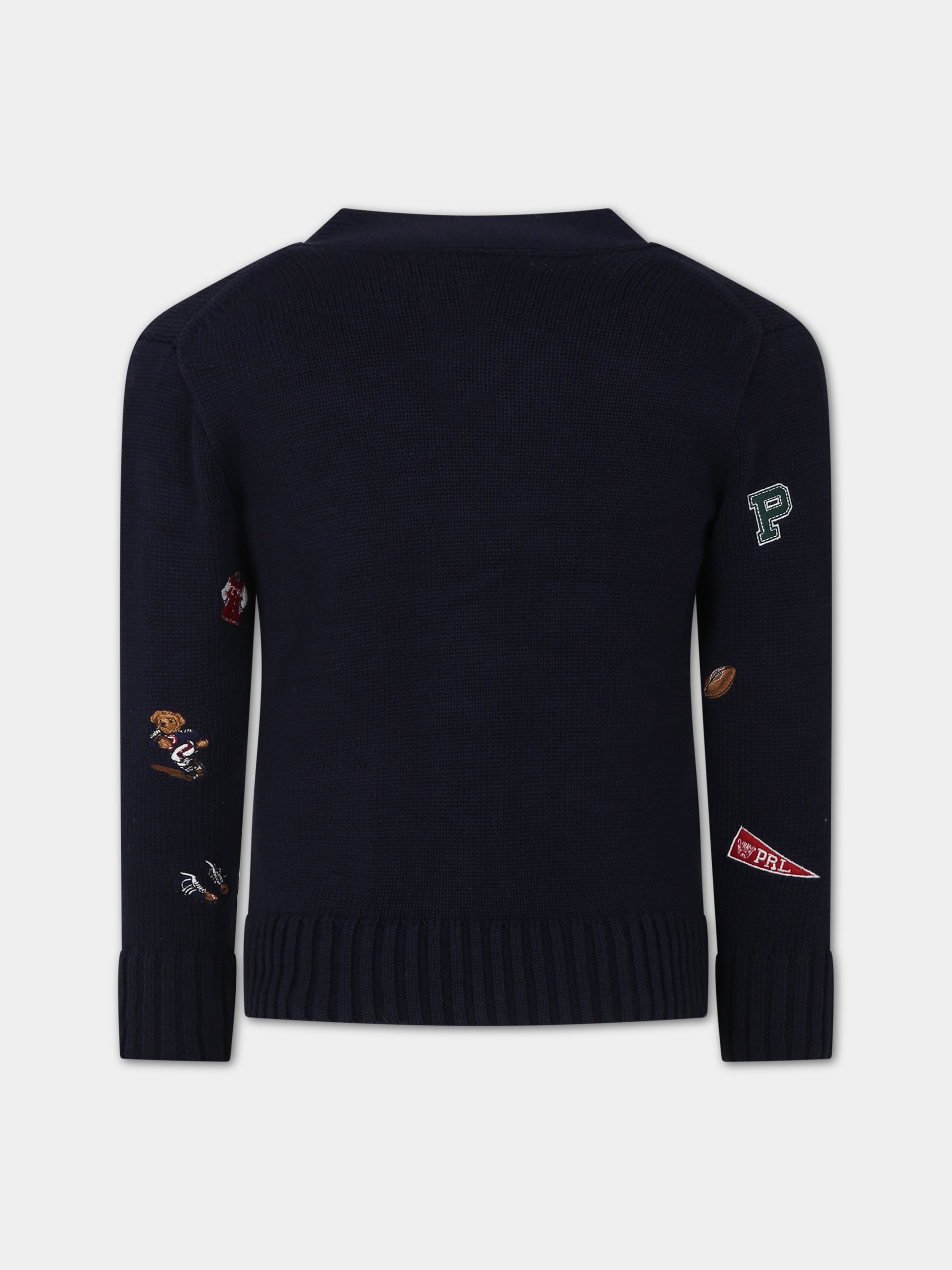 Cardigan blu per bambino con orso,Ralph Lauren Kids,918349001