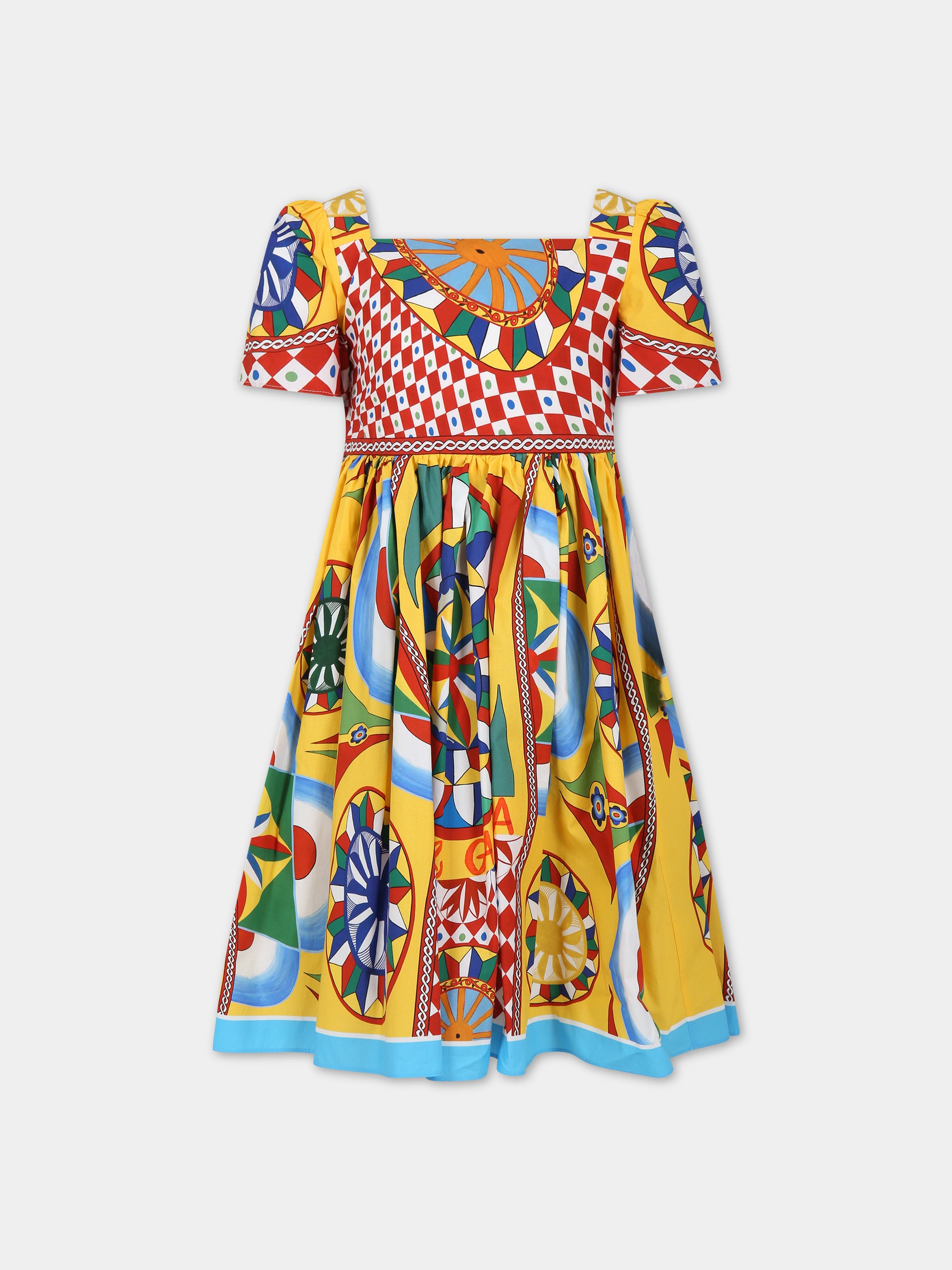 Vestito giallo per bambina con logo e stampa carretto,Dolce & Gabbana Kids,L53DF6 G7J9M HH4KV