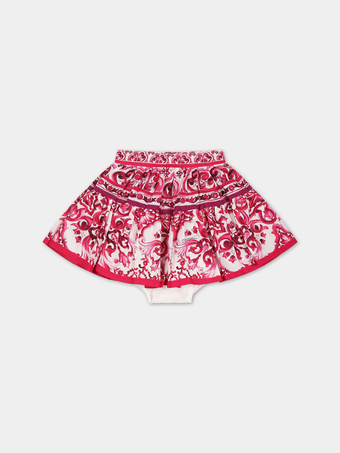 Gonna bianca per neonata con logo e maioliche fucsia,Dolce & Gabbana Kids,L24I49 G7J5U HE3TN