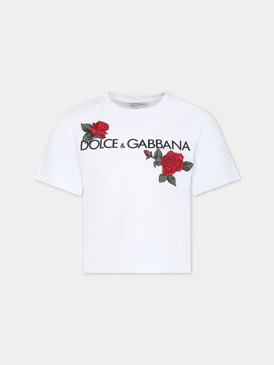 T-shirt bianca per bambina con logo e rose,Dolce & Gabbana Kids,L5JTKT G7J7W W0800