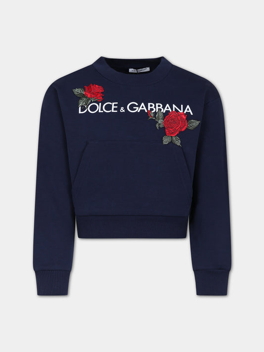 Felpa blu per bambina con logo e rose,Dolce & Gabbana Kids,L5JW9A G7J7V B0065