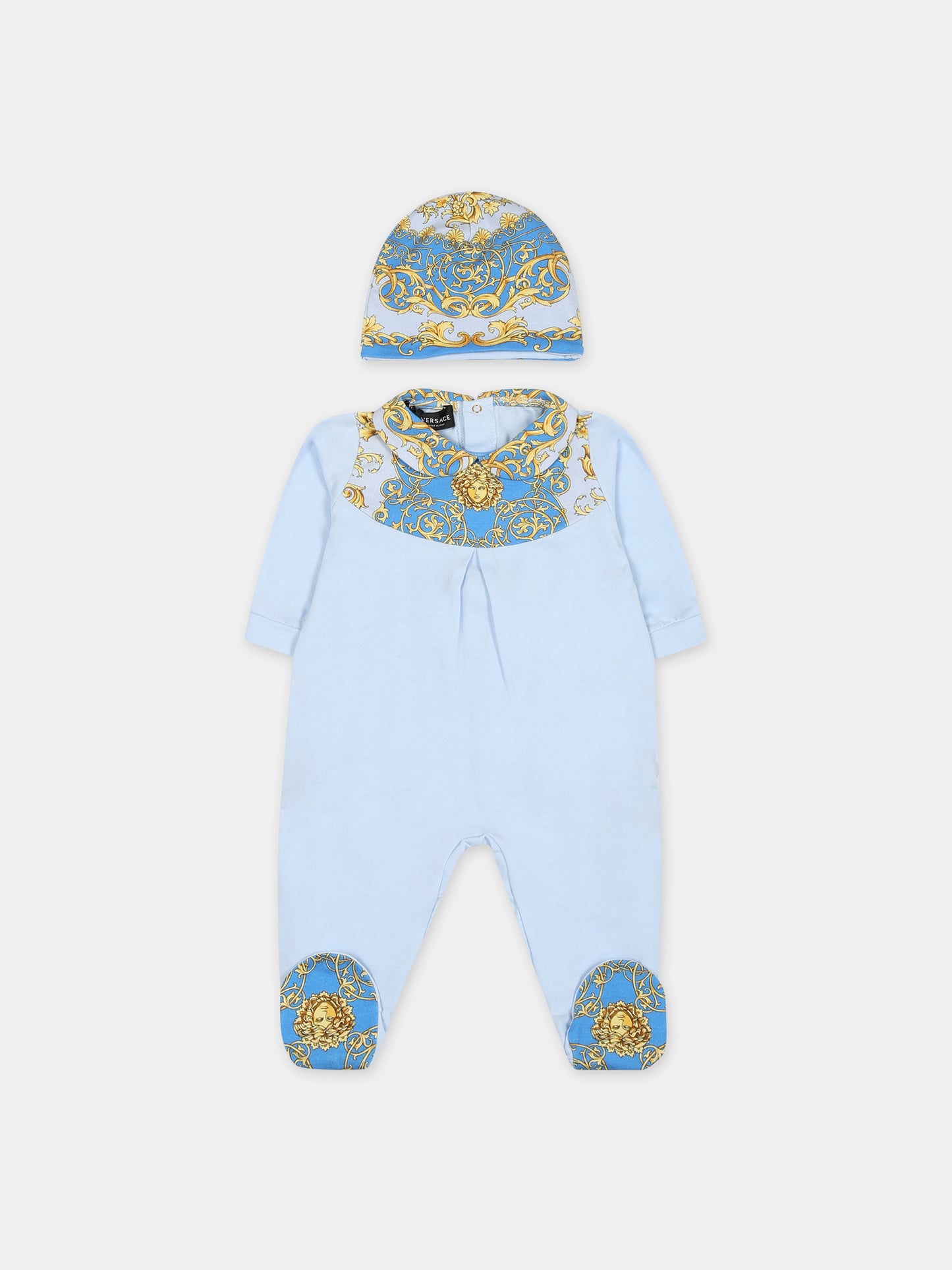 Set celeste per neonato con stampa barocco,Versace,1011060 1A08151 2V000