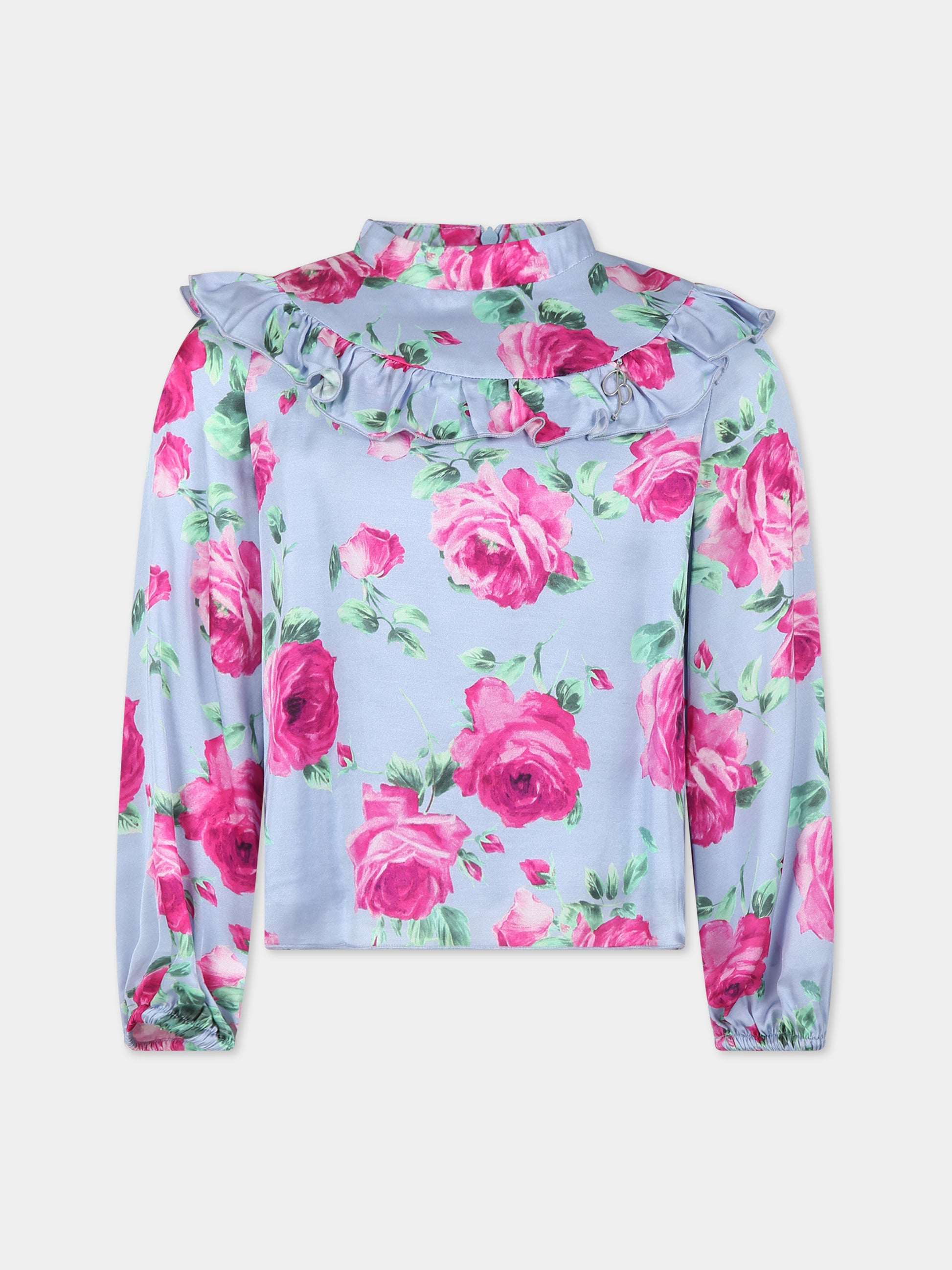 Top celeste per bambina con logo e stampa,Blumarine Baby,IF3158 Q9830