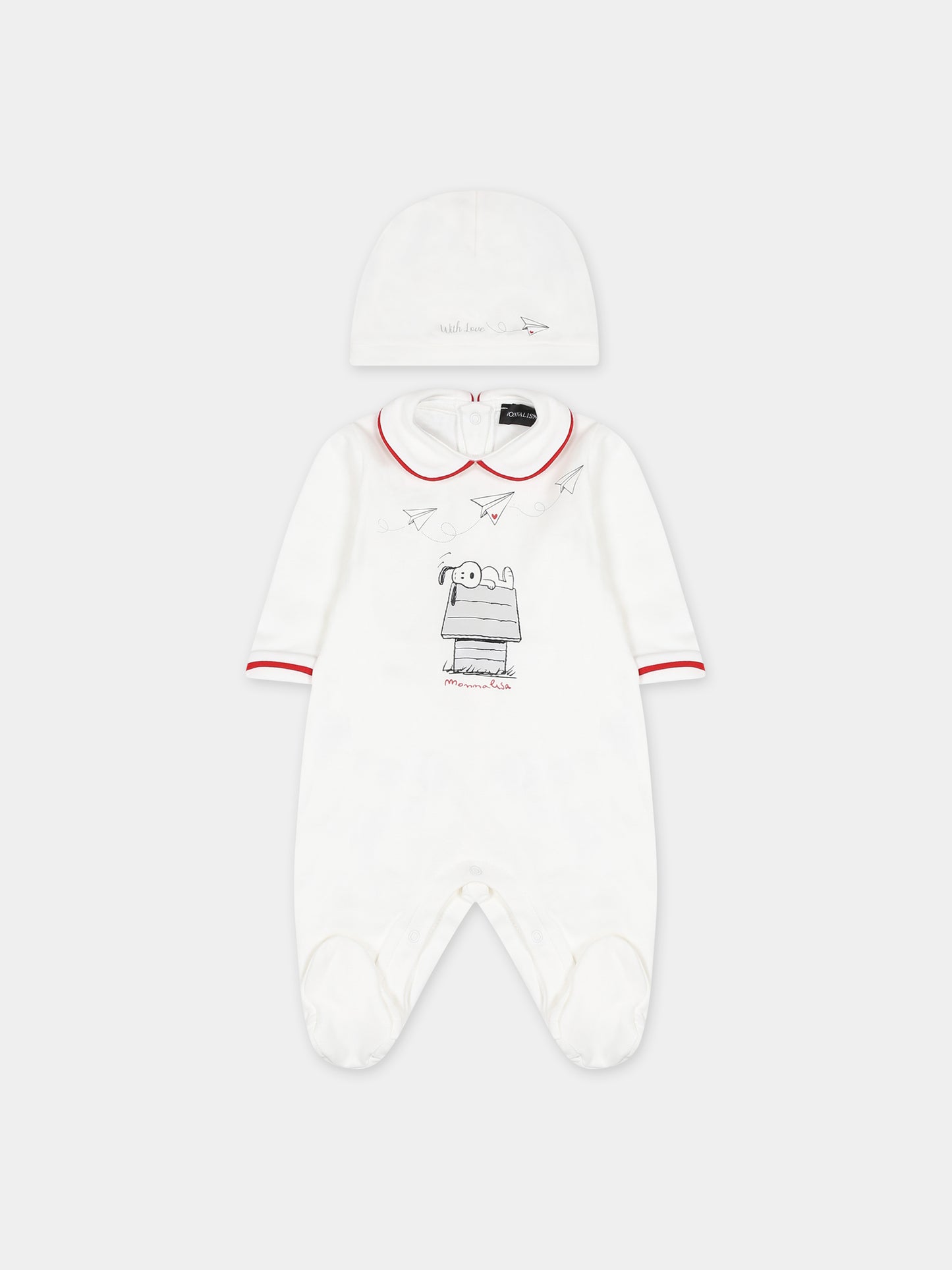 Set bianco per neonati con stampa Snoopy,Monnalisa,22B508 2004 0001