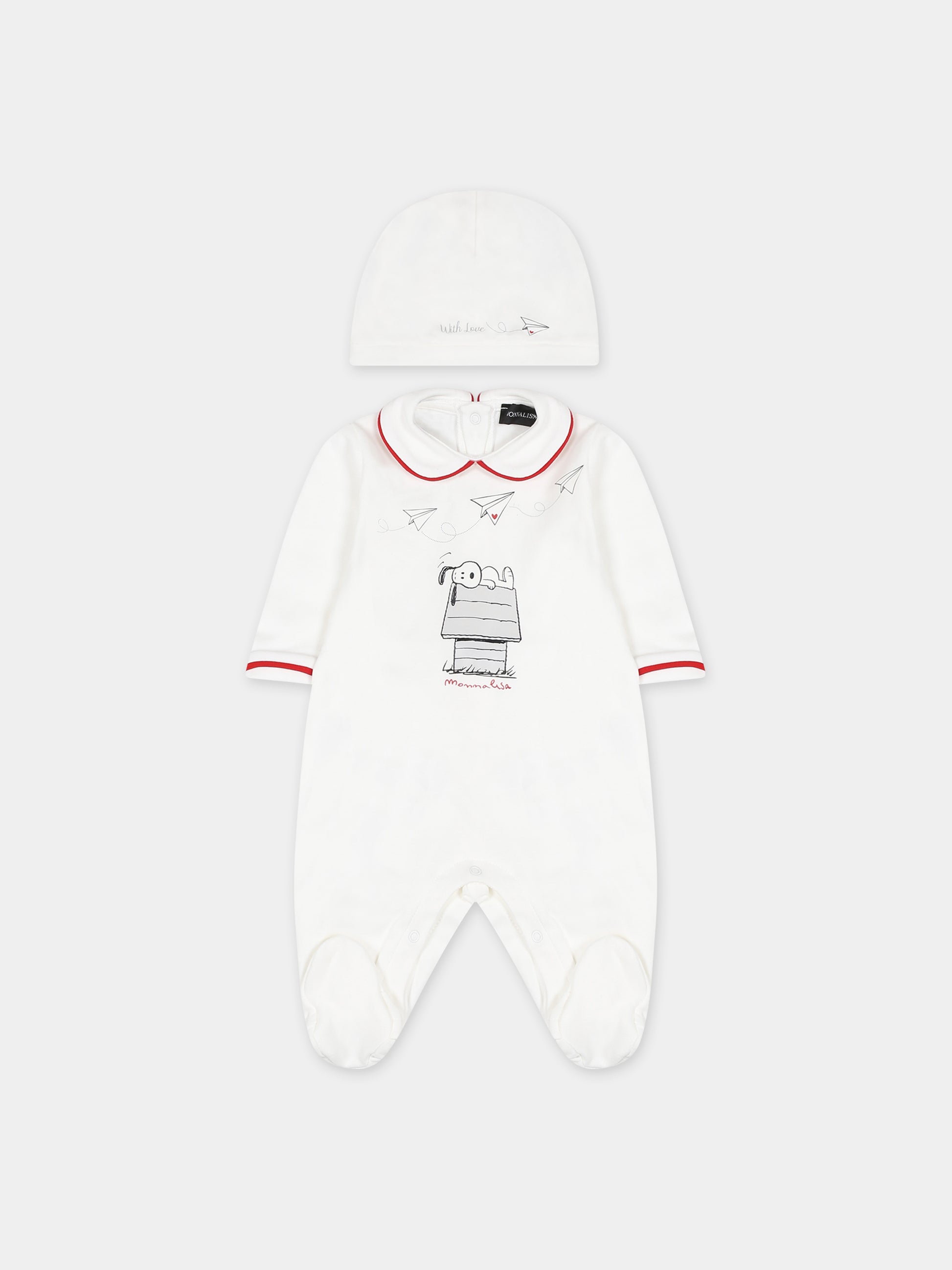 Set bianco per neonati con stampa Snoopy,Monnalisa,22B508 2004 0001