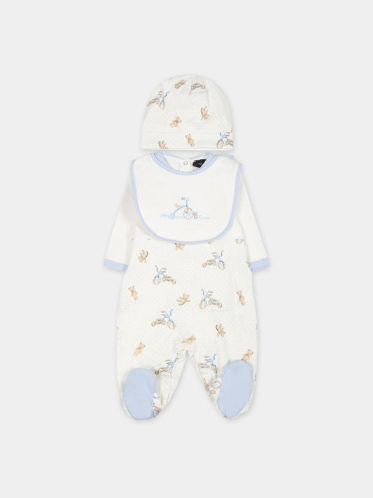Set bianco per neonato con pois e stampa triciclo,Monnalisa,22B502 2049 0152