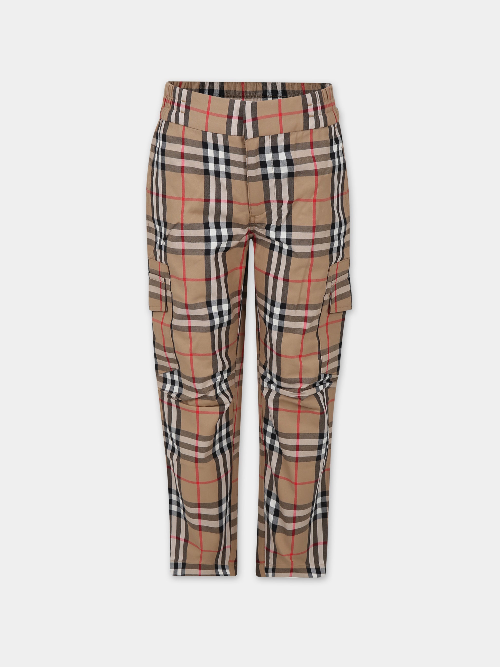 Pantaloni beige per bambino con iconico check all-over,Burberry Kids,8068401
