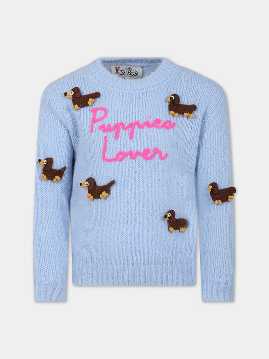 Maglione celeste per bambina con bassotti,Mc2 Saint Barth,PRINCESS SOFT PUPPIES 31 DOG PATCH