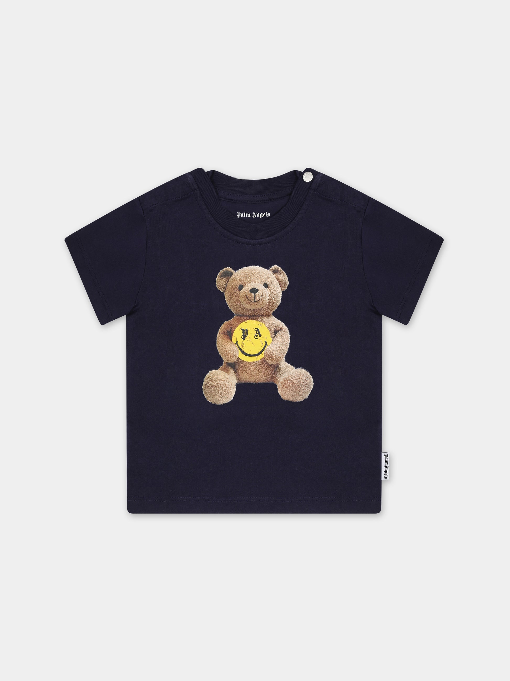 T-shirt blu per neonati con orso,Palm Angels,PBXB001F23JER0044615