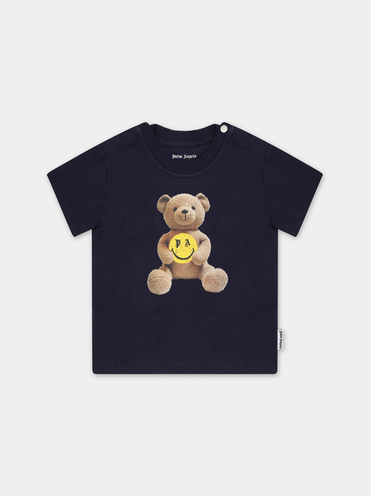 T-shirt blu per neonati con orso,Palm Angels,PBXB001F23JER0044615