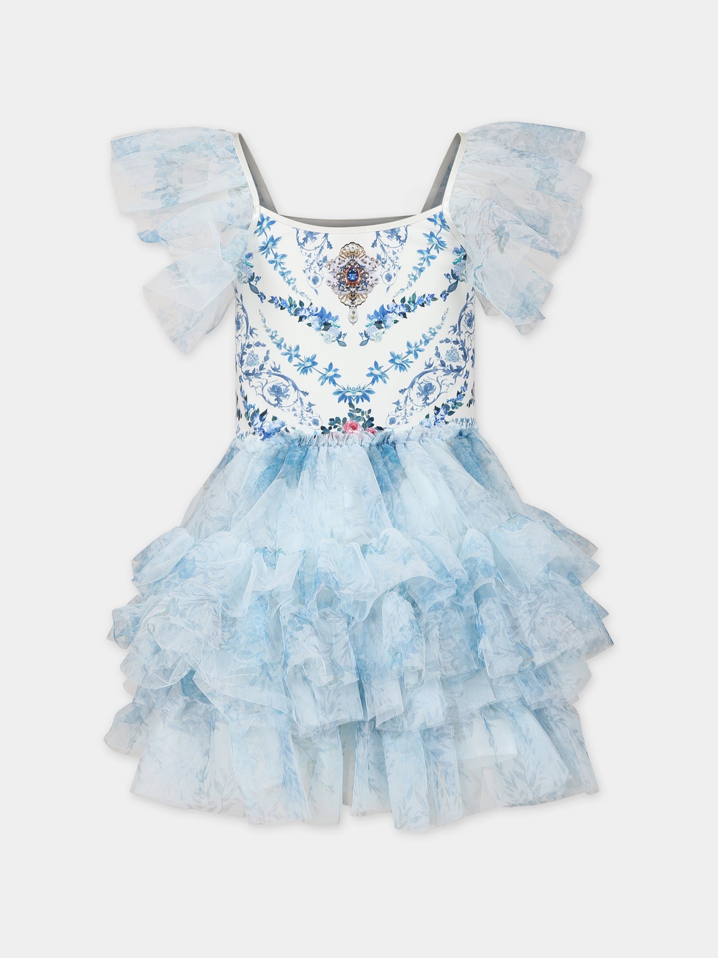 Vestito celeste per bambina con stampa floreale,Camilla,00025651 SEASOSIR