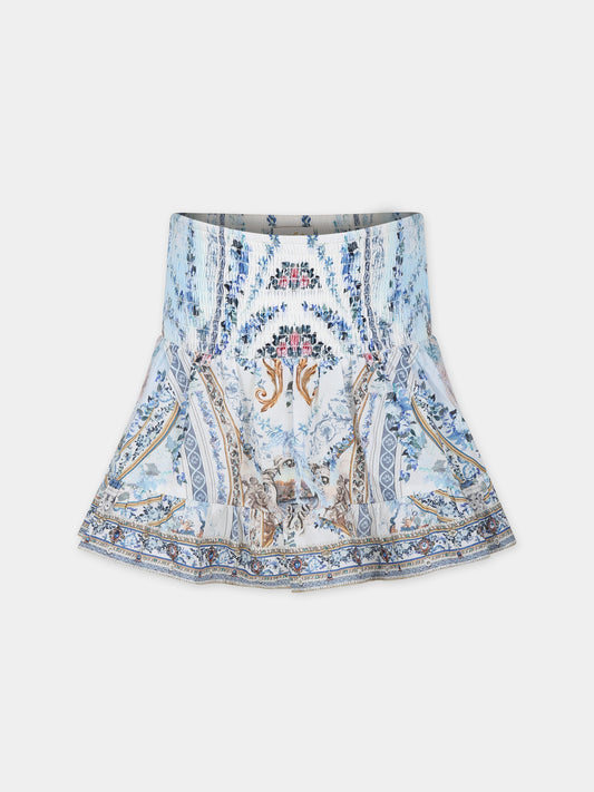 Gonna celeste per bambina con stampa floreale,Camilla,00025661 SEASOSIR