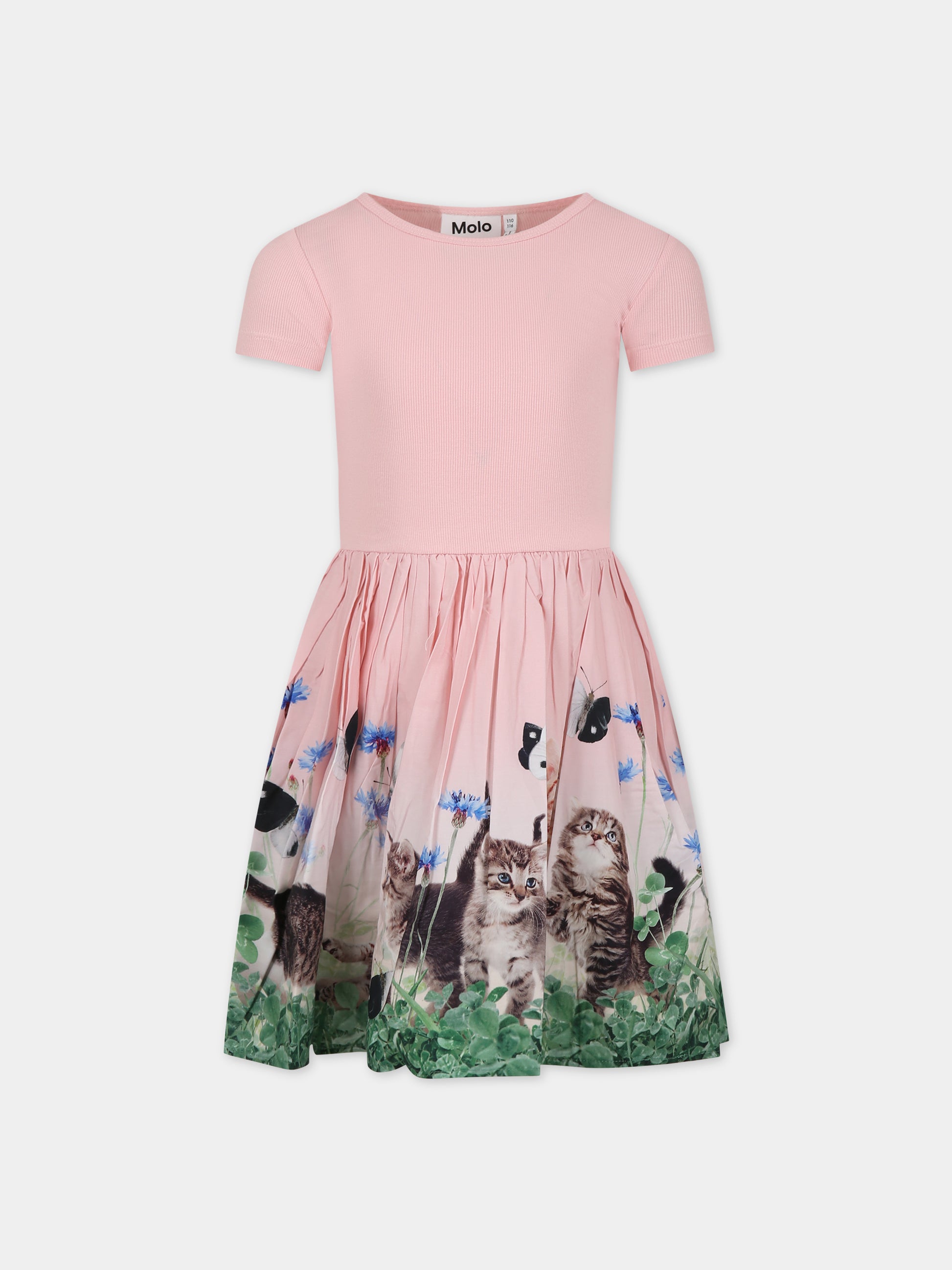Vestito rosa per bambina con stampa gatti,Molo,2S24E125 3566