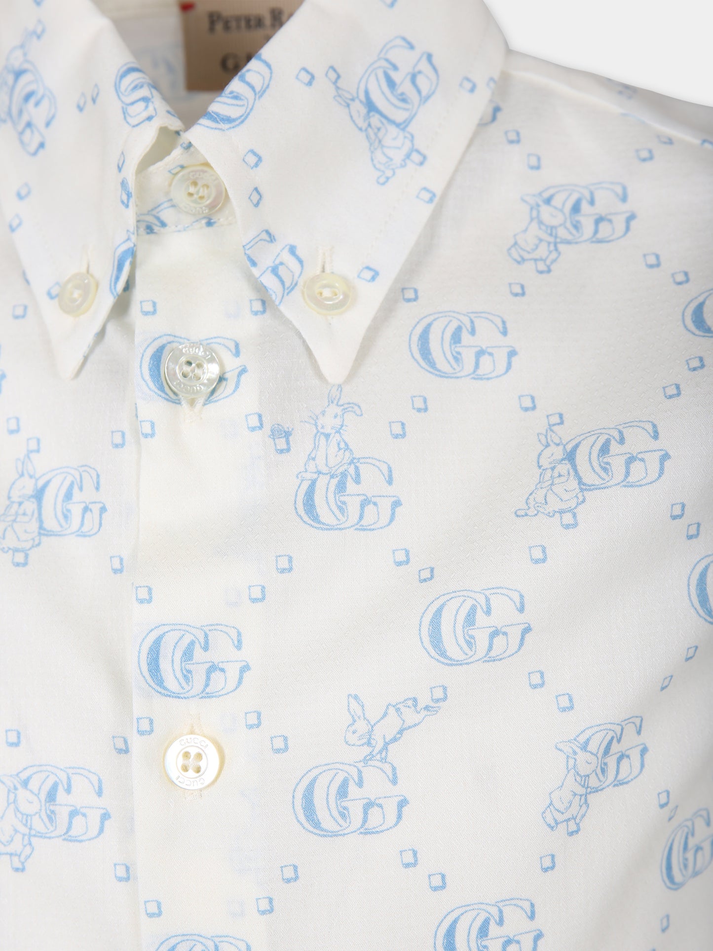 Camicia per bambino con logo celeste e coniglio all-over,Gucci Kids,770571 XWA0R 9183