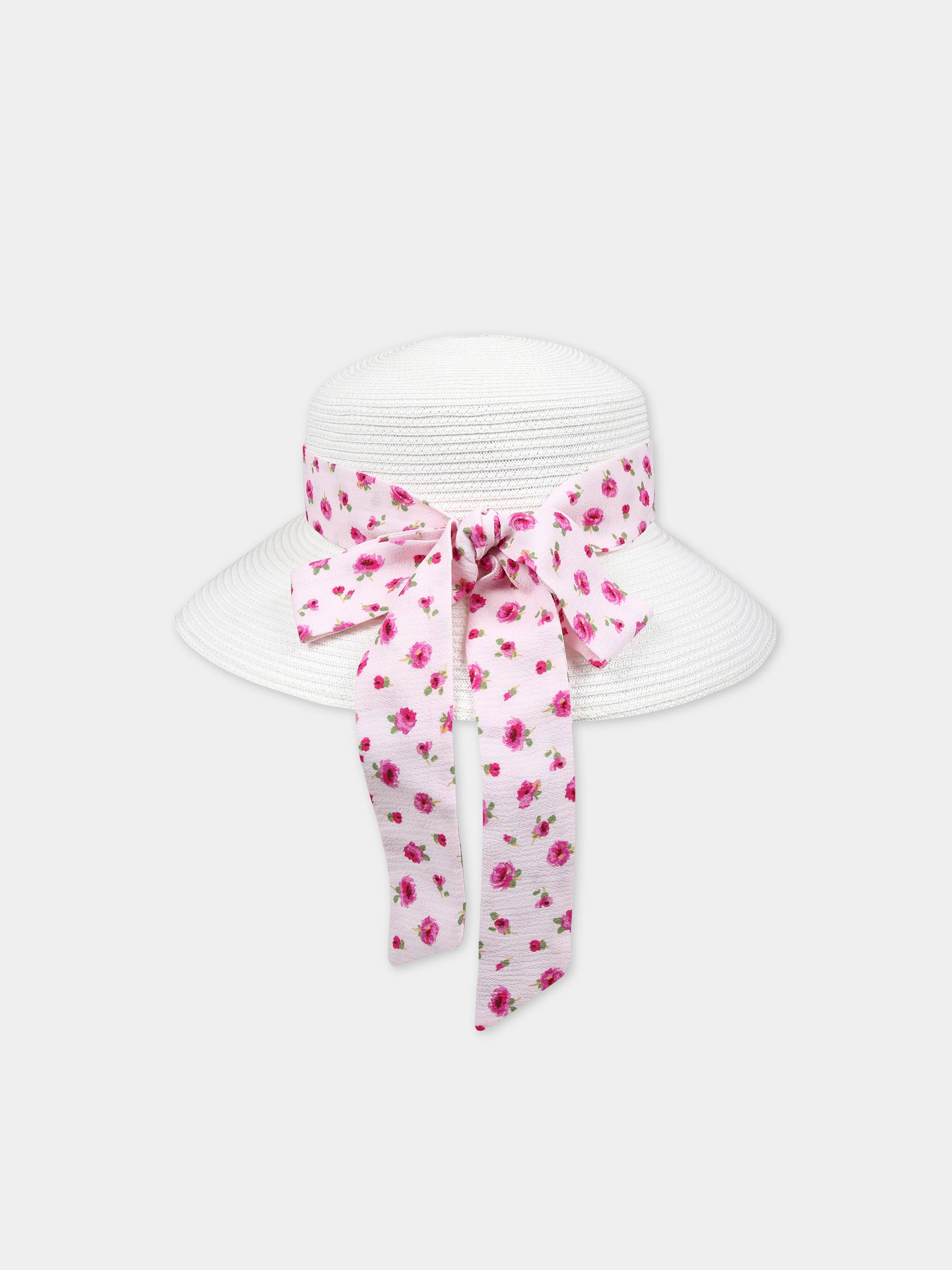 Cappello di paglia bianco per bambina con fiori,Simonetta,SU0A77 Z1979 101RS