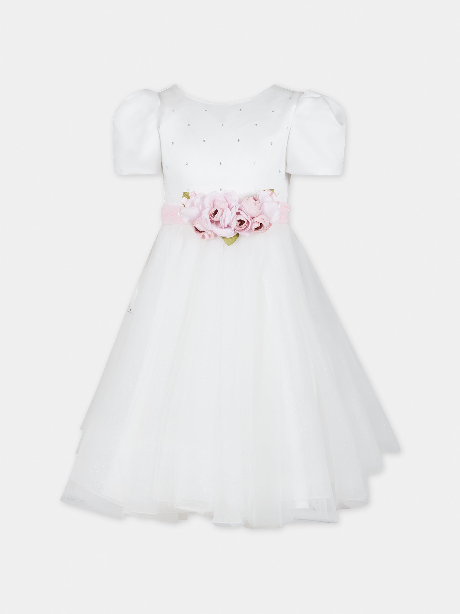 Vestito bianco per bambina con fiori e strass,Monnalisa,71C905 3121 0191