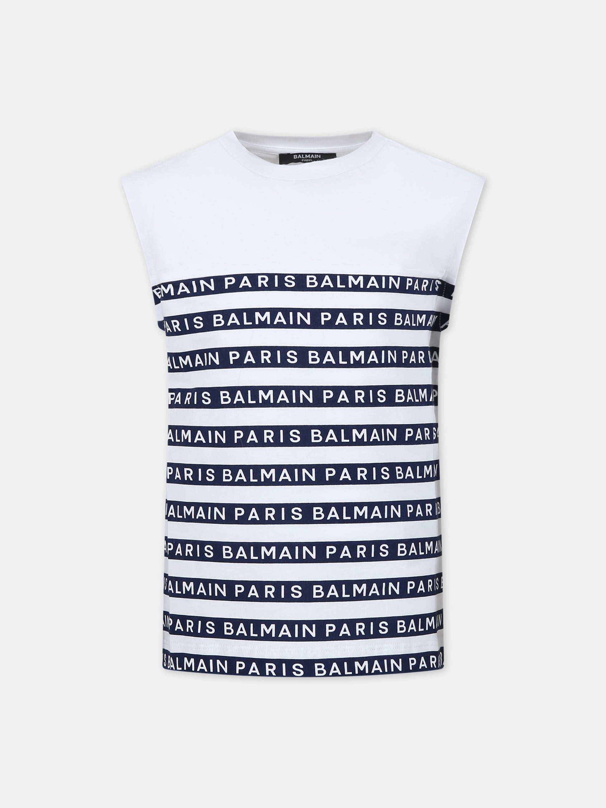 T-shirt bianca smanicata per bambini con righe blu e logo,Balmain Kids,BU8P82 Z1911 100BL