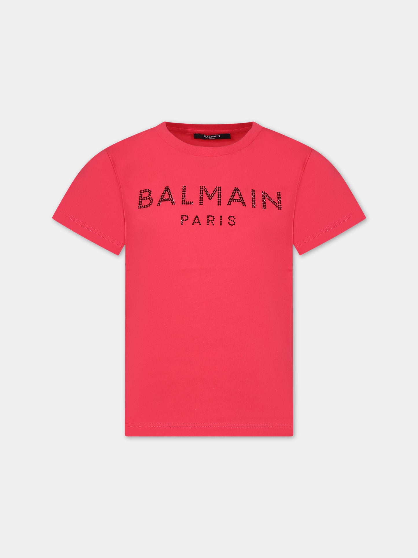 T-shirt fucsia per bambina con logo e strass,Balmain Kids,BU8A91 Z0057 50E