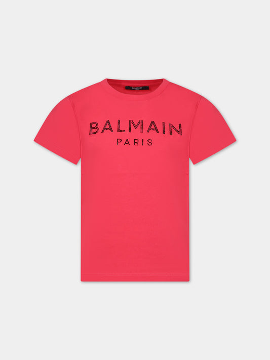 T-shirt fucsia per bambina con logo e strass,Balmain Kids,BU8A91 Z0057 50E