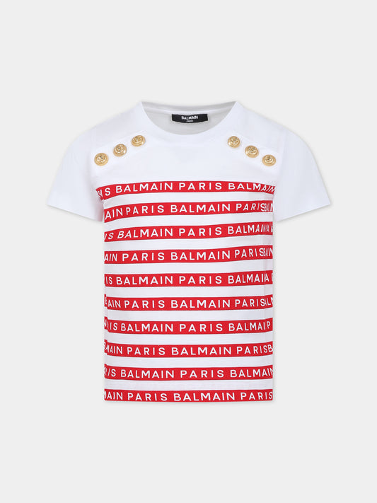 T-shirt bianca per bambina con righe rosse e logo,Balmain Kids,BU8A41 Z1911 100RO