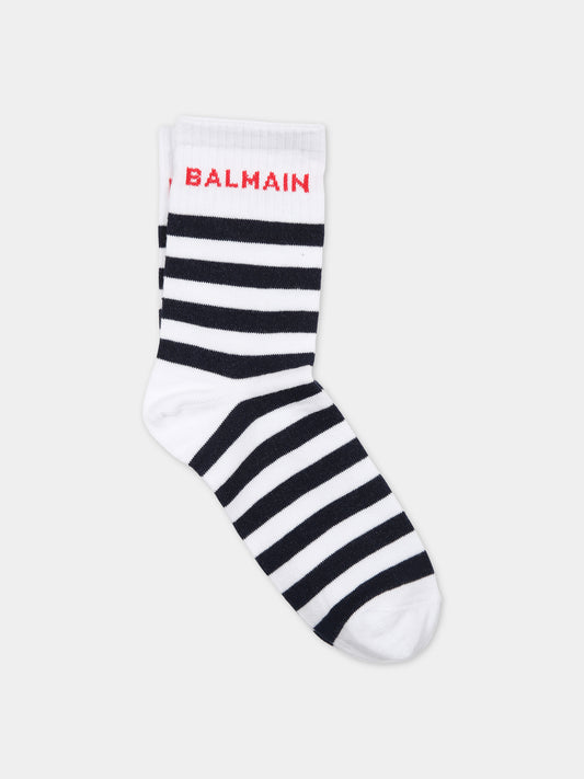 Calze multicolor per bambini con strisce e logo,Balmain Kids,BU0P10 Z0553 100BL