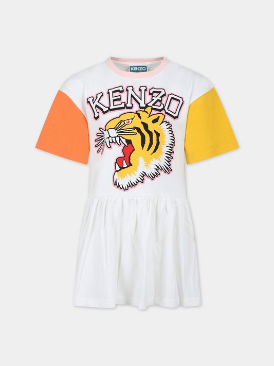 Vestito bianco per bambina con iconica tigre e logo,Kenzo Kids,K60224 12P