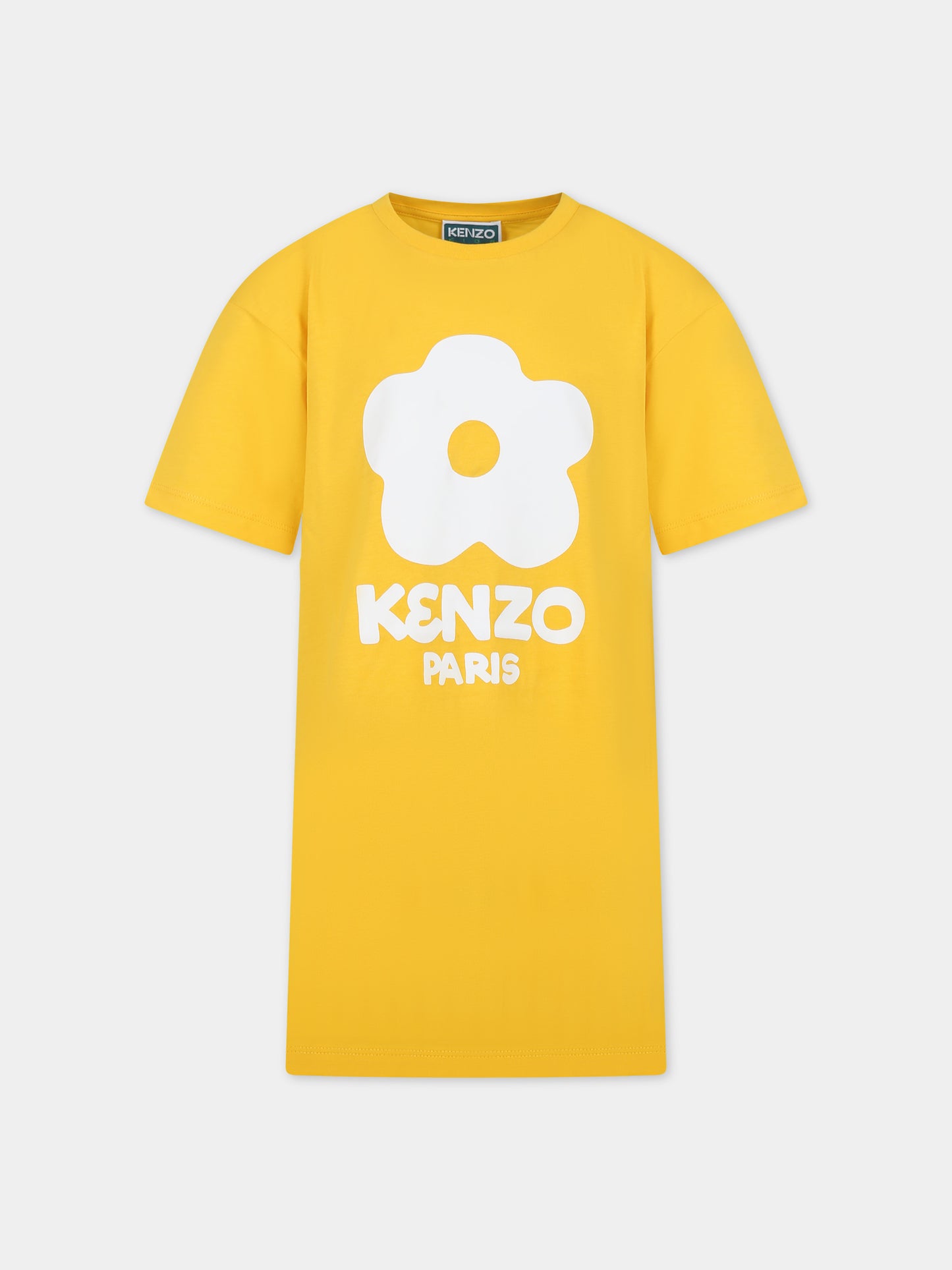 Vestito giallo per bambina con fiore e logo bianco,Kenzo Kids,K60210 536