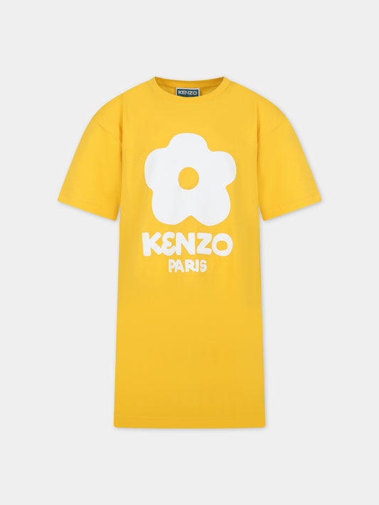 Vestito giallo per bambina con fiore e logo bianco,Kenzo Kids,K60210 536