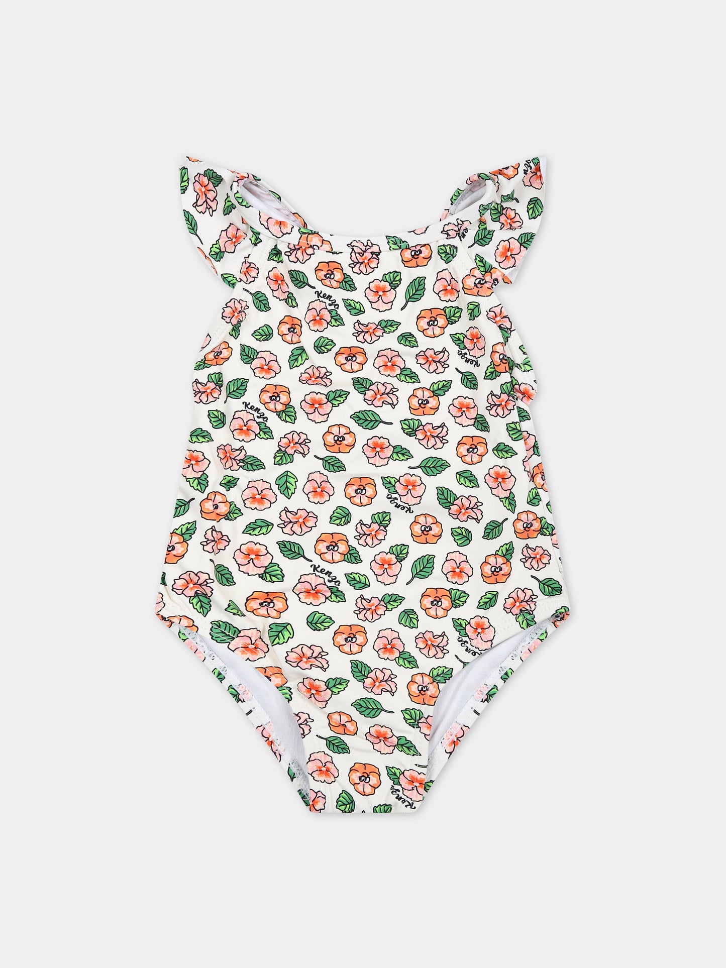 Costume intero bianco per neonata con stampa floreale,Kenzo Kids,K60098 12P