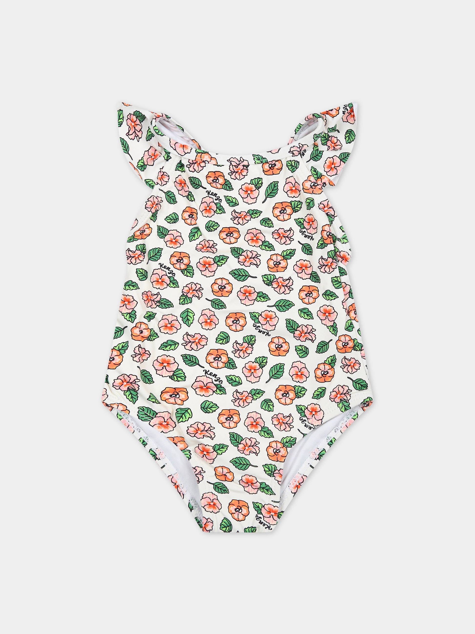 Costume intero bianco per neonata con stampa floreale,Kenzo Kids,K60098 12P