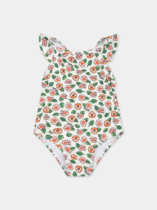 Costume intero bianco per neonata con stampa floreale,Kenzo Kids,K60098 12P