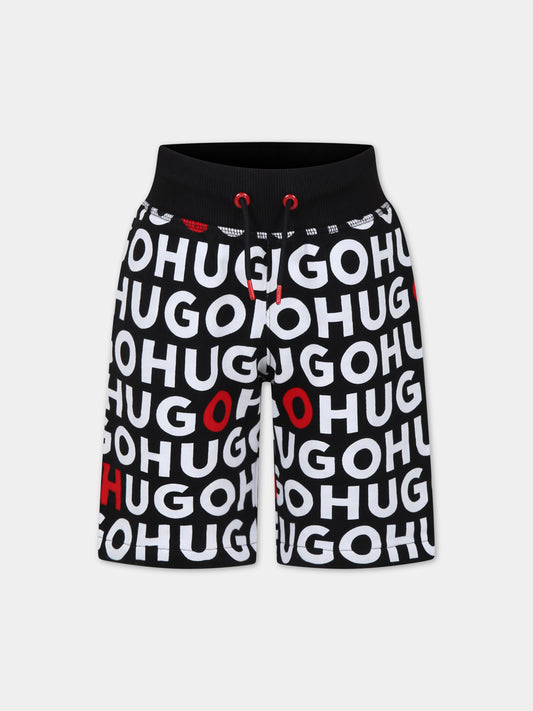 Shorts neri per bambino con logo all-over,Hugo,G00035 M99