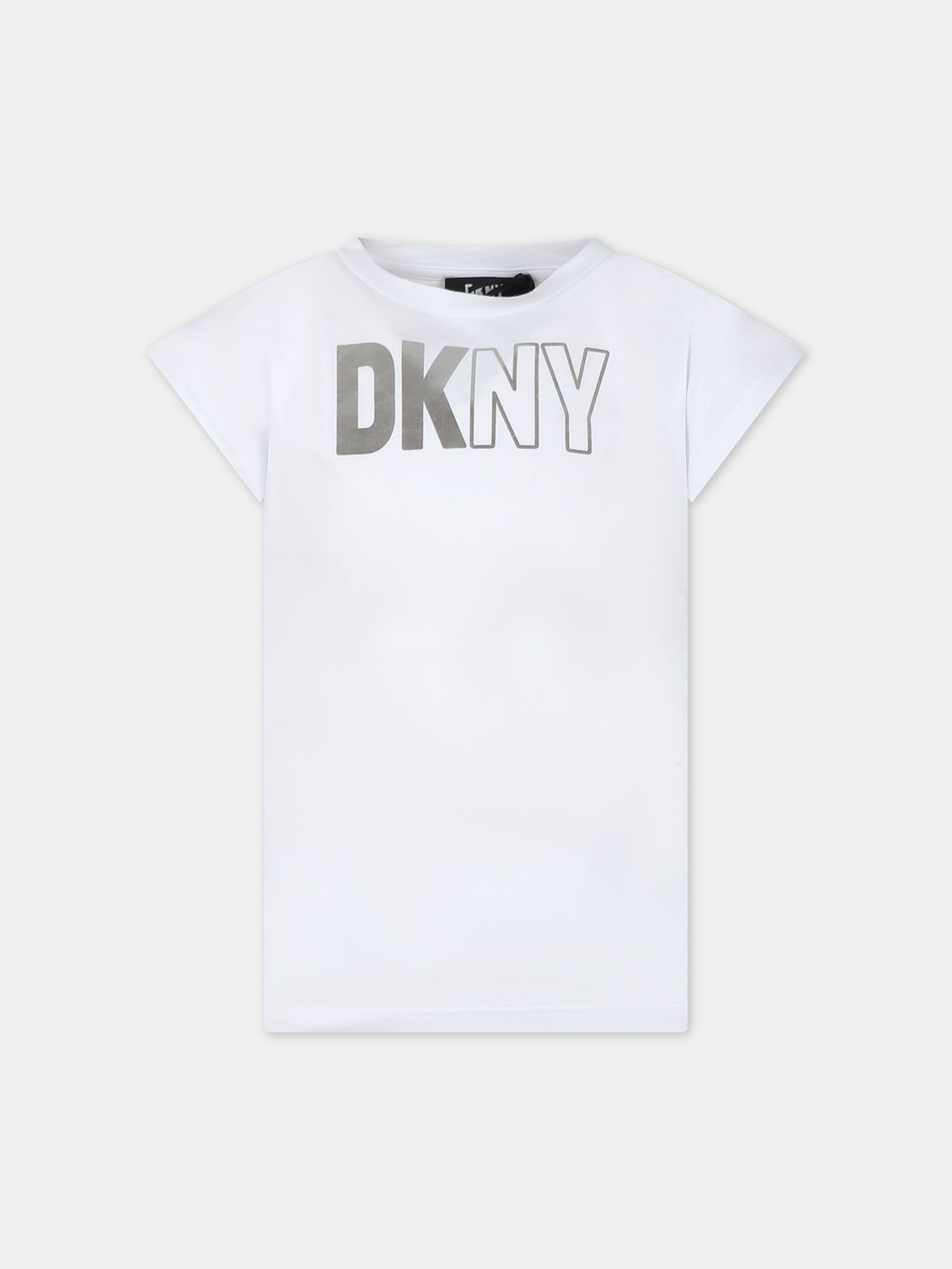 T-shirt bianca per bambina con logo argentato,Dkny,D60091 10P