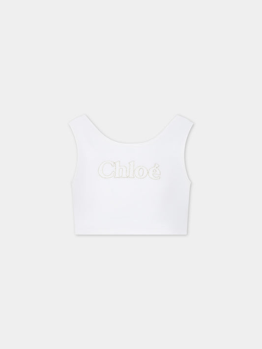 Top bianco per bambina con logo ricamato,Chloé Kids,C20180 117