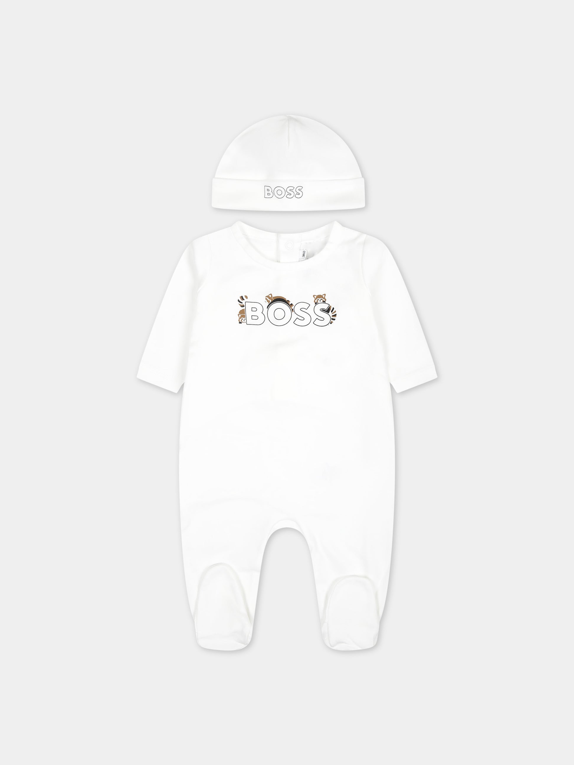 Set bianco per neonato con procioni e logo,Boss,J50831 10P