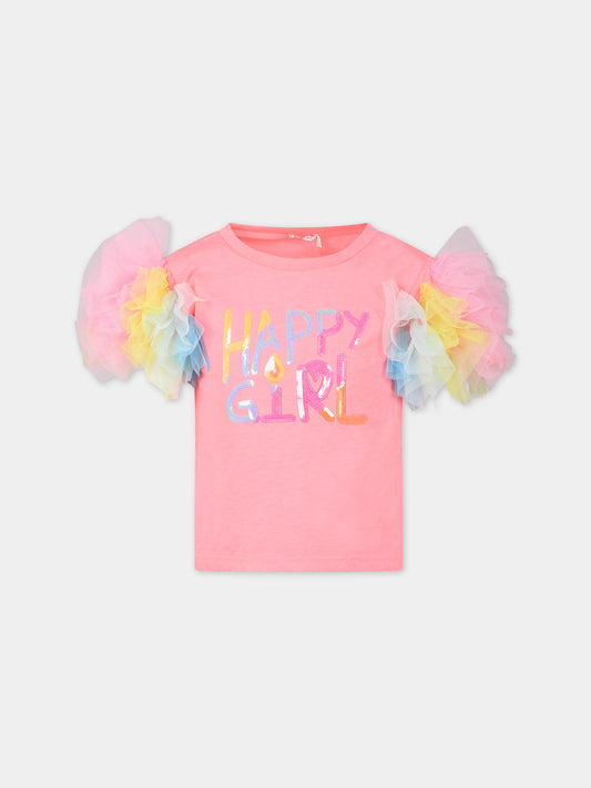 T-shirt fucsia per bambina con tulle e stampa multicolor,Billieblush,U20366 499