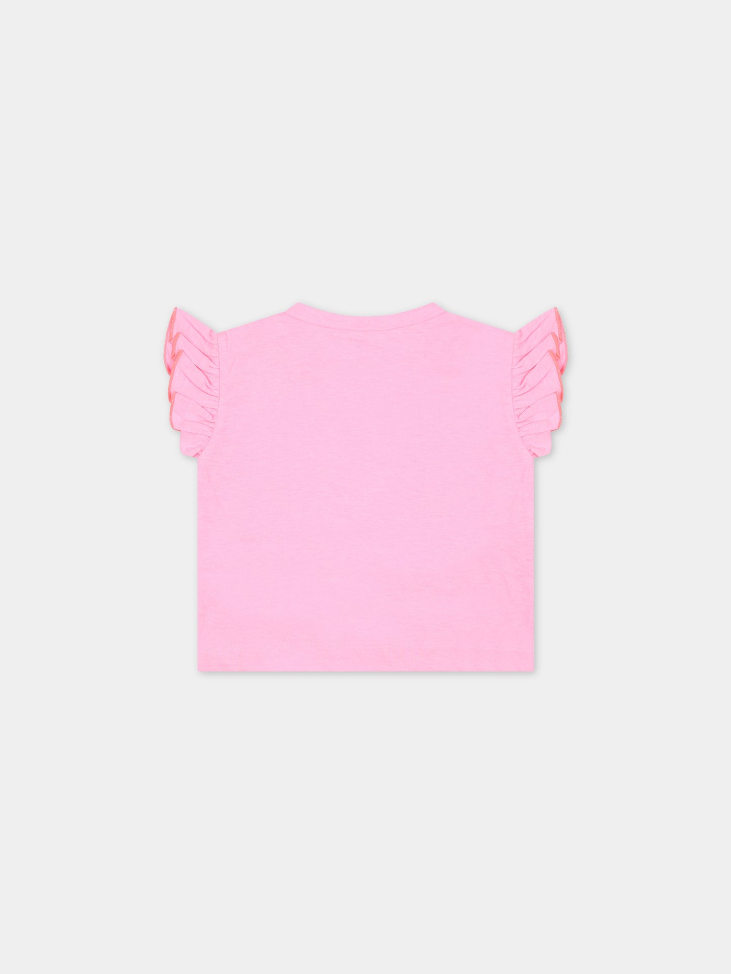 T-shirt fucsia per neonata con ruches e stampa multicolor,Billieblush,U20042 462