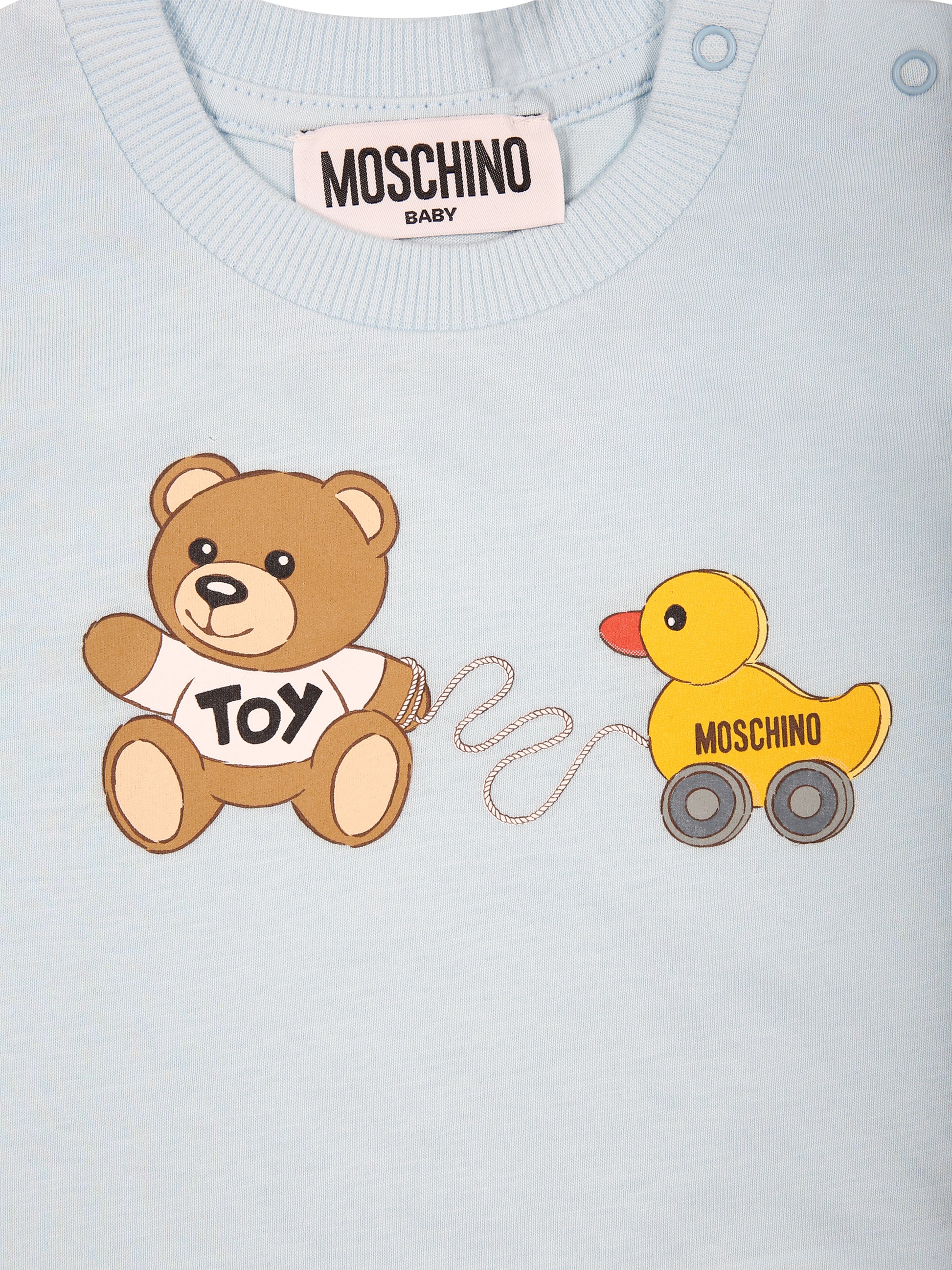 T-shirt celeste per neonato con Teddy Bear e paperella,Moschino Kids,MVM032 LAA03 40304