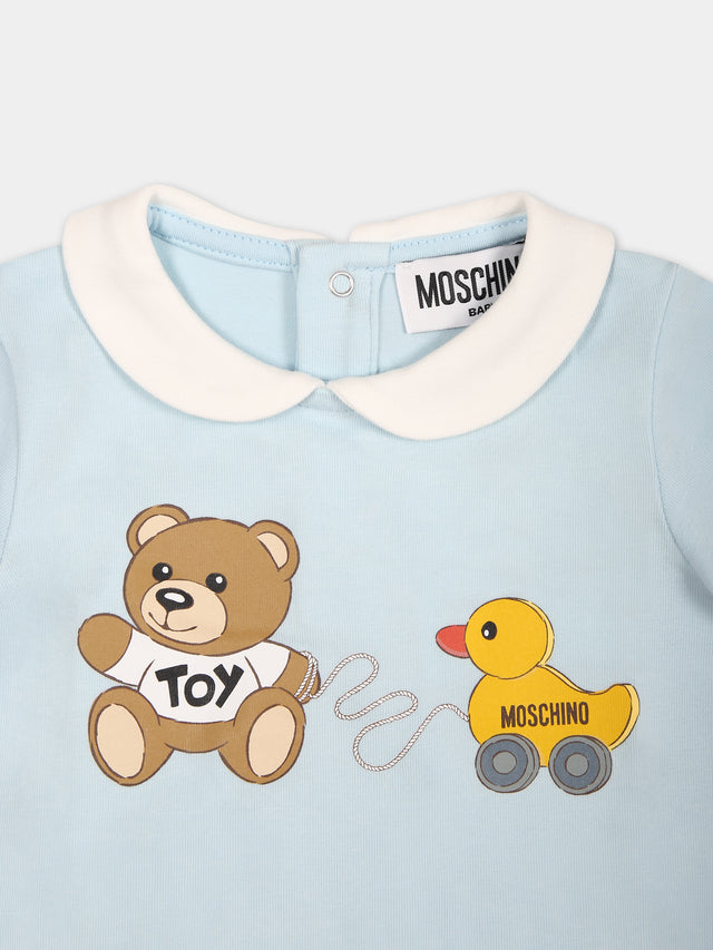 Tutina celeste per neonato con Teddy Bear e paperella,Moschino Kids,MUT03T LBA00 40304