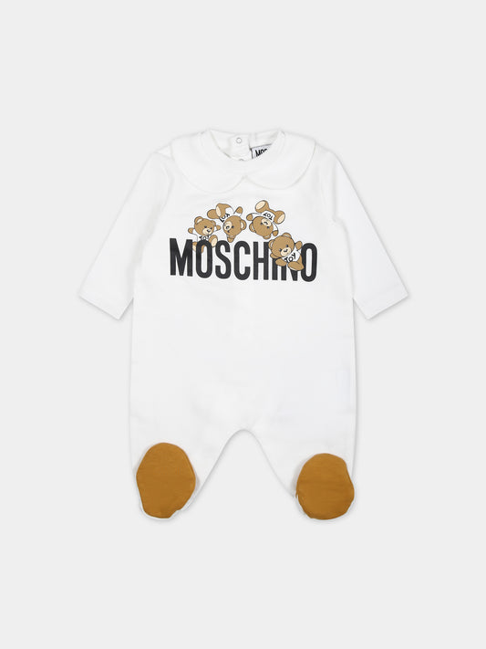 Tutina bianca per neonati con logo e Teddy Bear,Moschino Kids,MUY06M LCA19 10101