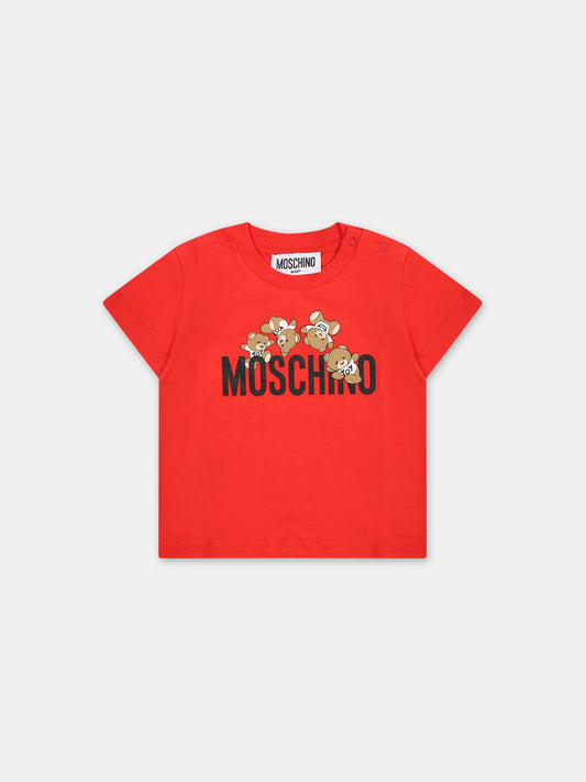 T-shirt rossa per neonato con Teddy Bears e logo,Moschino Kids,MWM032 LAA03 50109