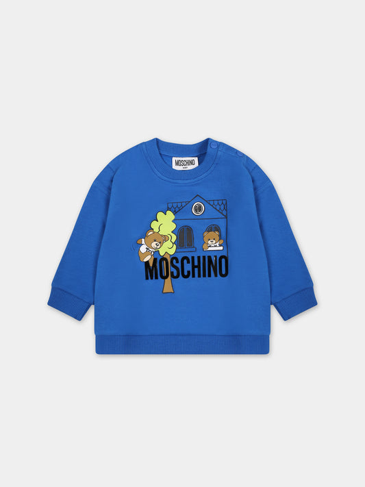 Felpa blu per neonato con Teddy Bears e logo,Moschino Kids,MZF03Q LCA34 40289