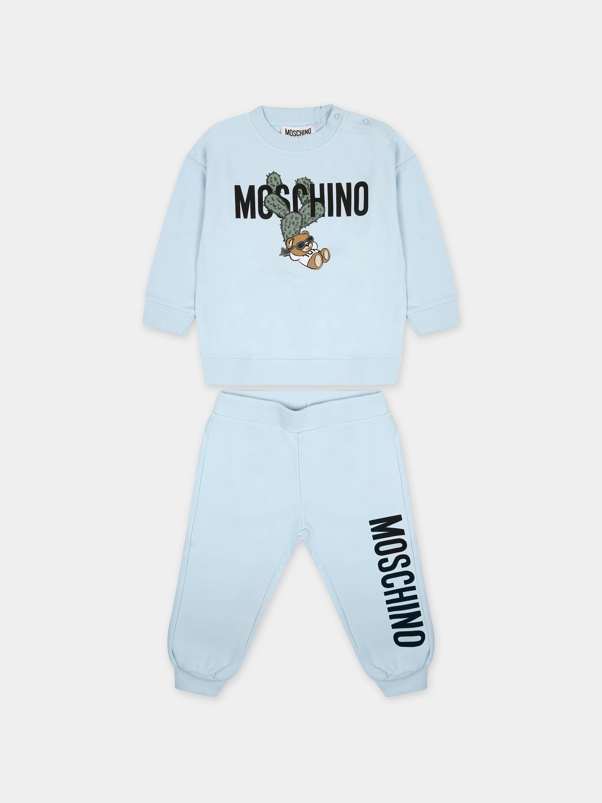 Completo celeste per neonato con Teddy bear e logo,Moschino Kids,MNK049 LCA72 40304