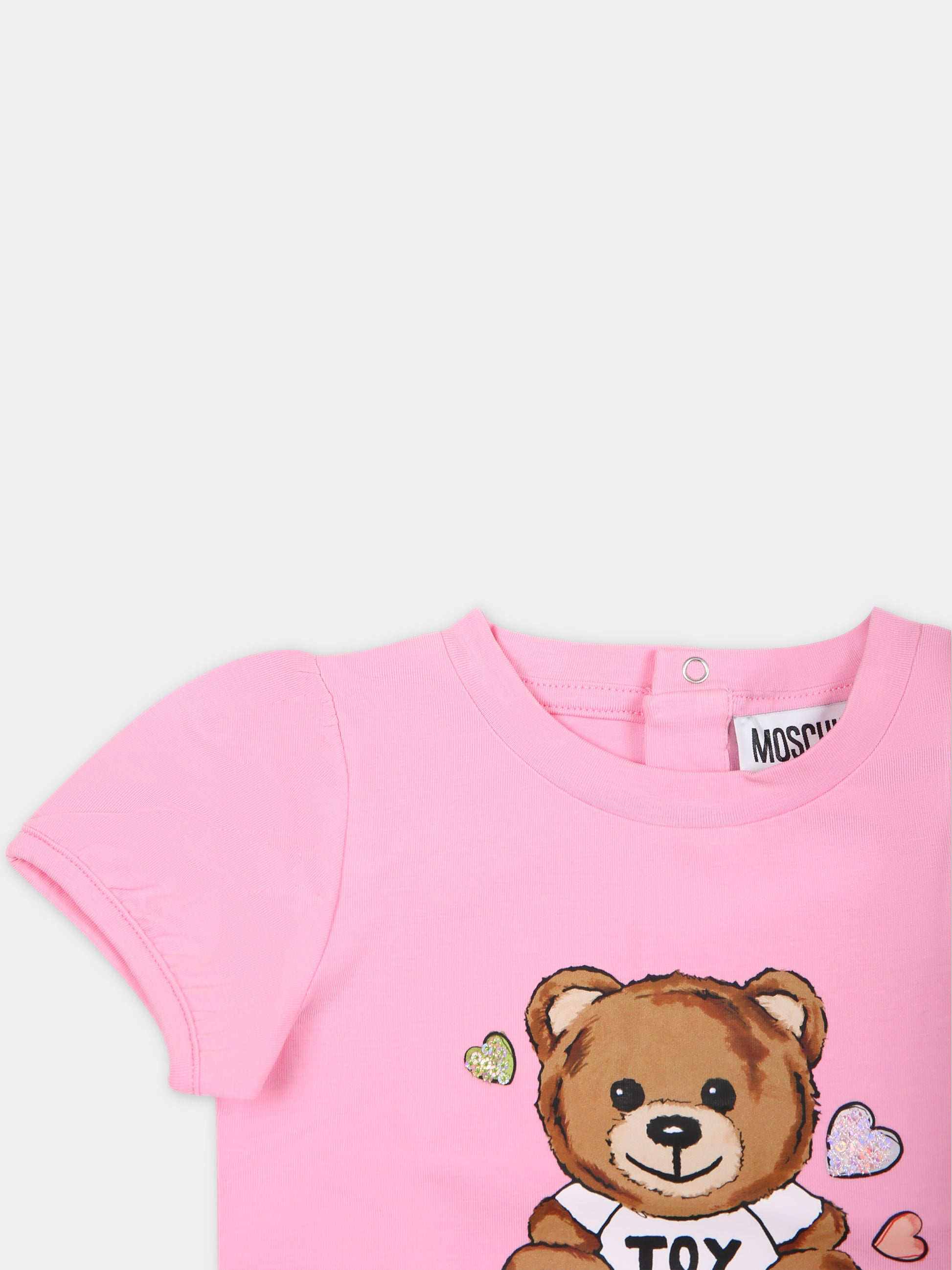 T-shirt rosa per neonata con Teddy bear e cuori,Moschino Kids,MDM03F LBA10 50206