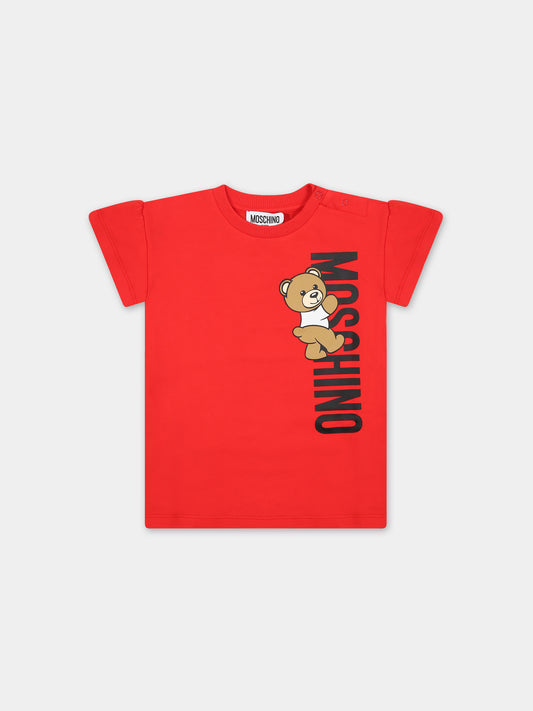 Vestito rosso per neonata con Teddy Bear e logo,Moschino Kids,MDV0B6 LDA25 50109