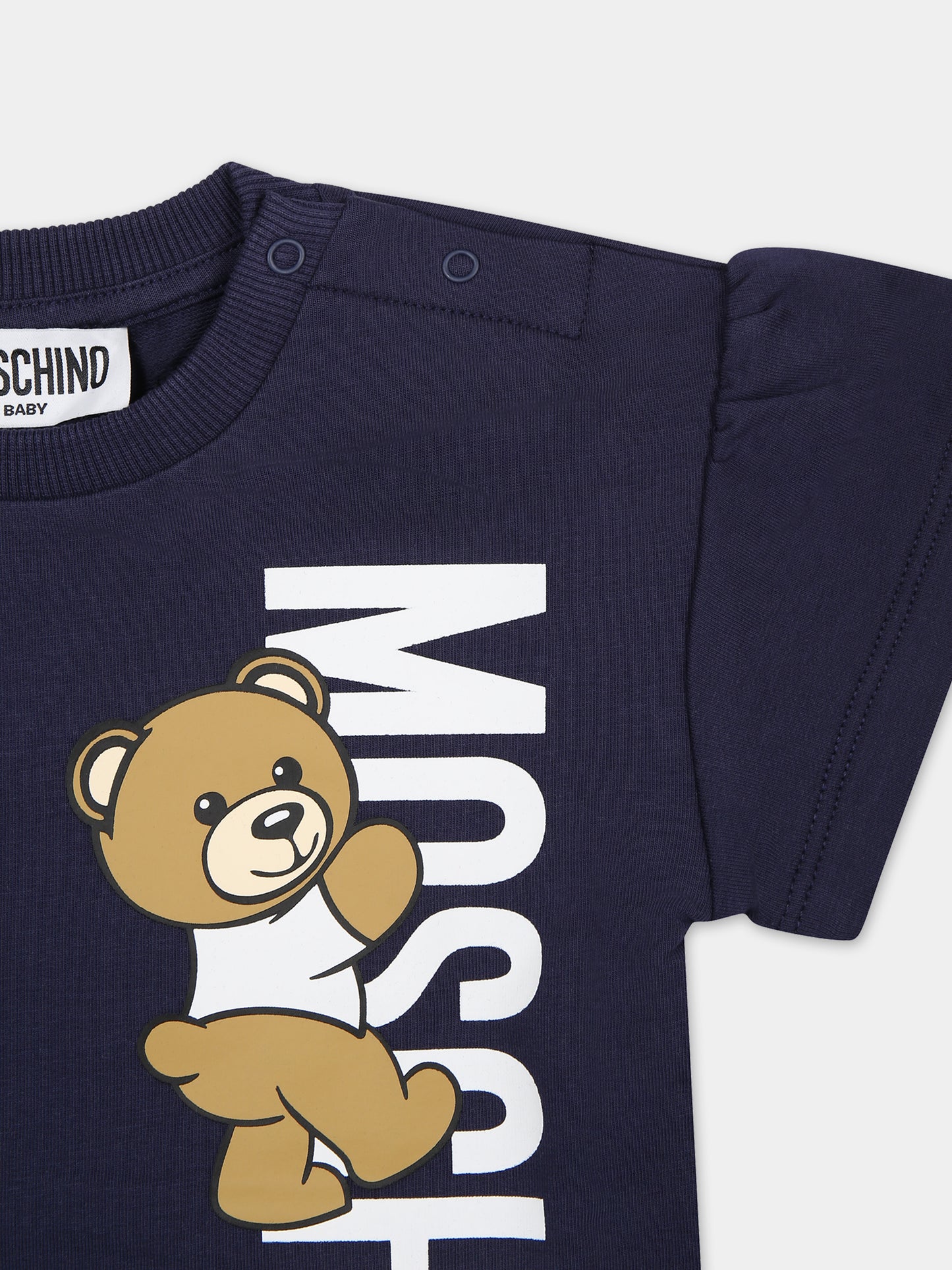 Vestito blu per neonata con Teddy Bear e logo,Moschino Kids,MDV0B6 LDA25 40016