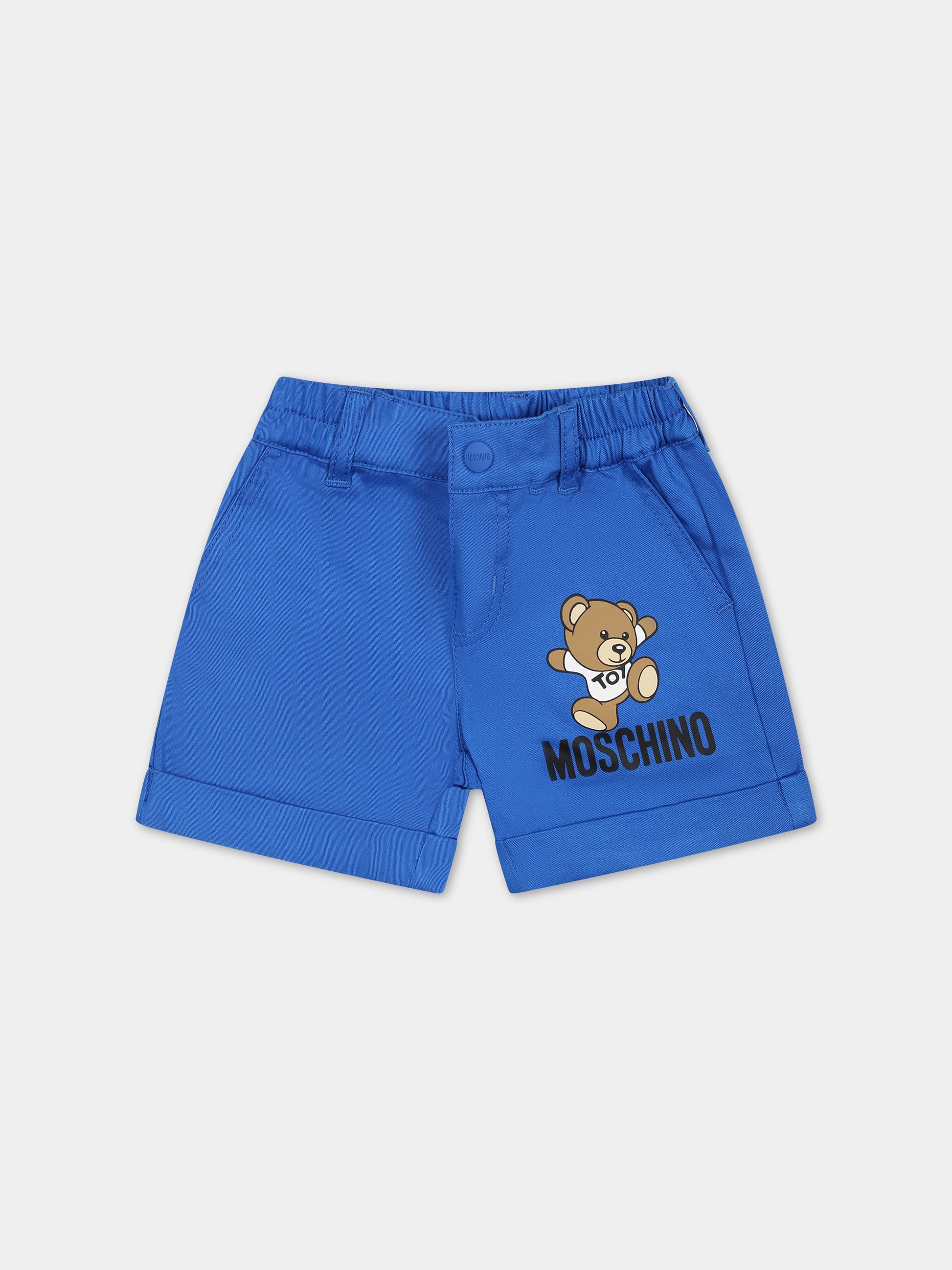 Shorts azzurro per neonato con Teddy Bear e logo,Moschino Kids,MUQ012 LPA01 40289