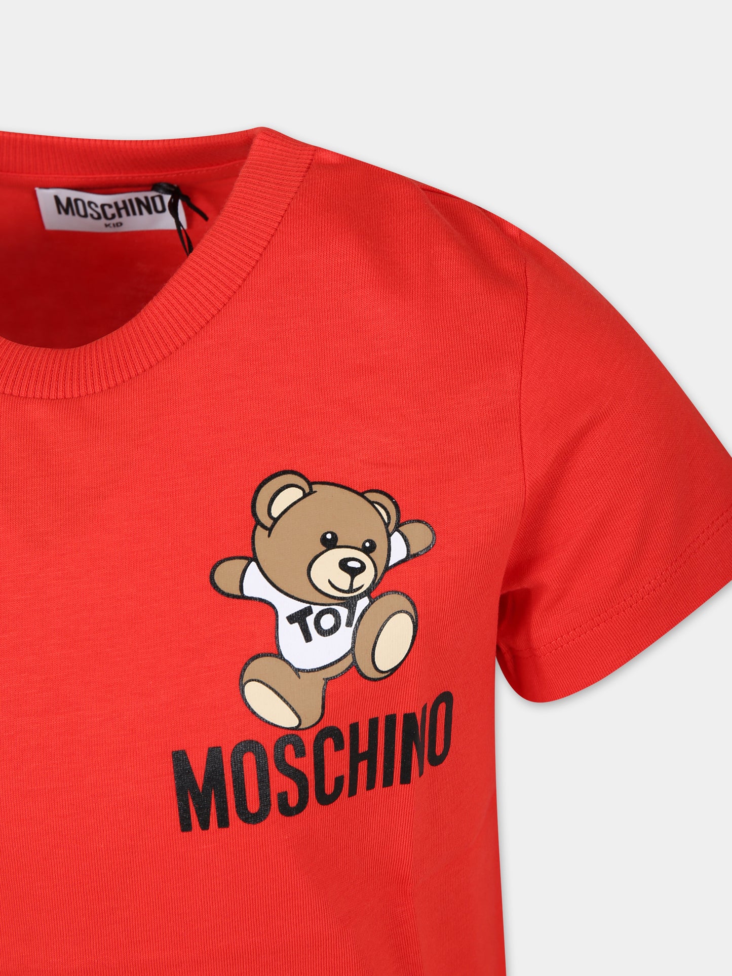 T-shirt rossa per bambini con Teddy Bear e logo,Moschino Kids,HUM04K LAA02 50109
