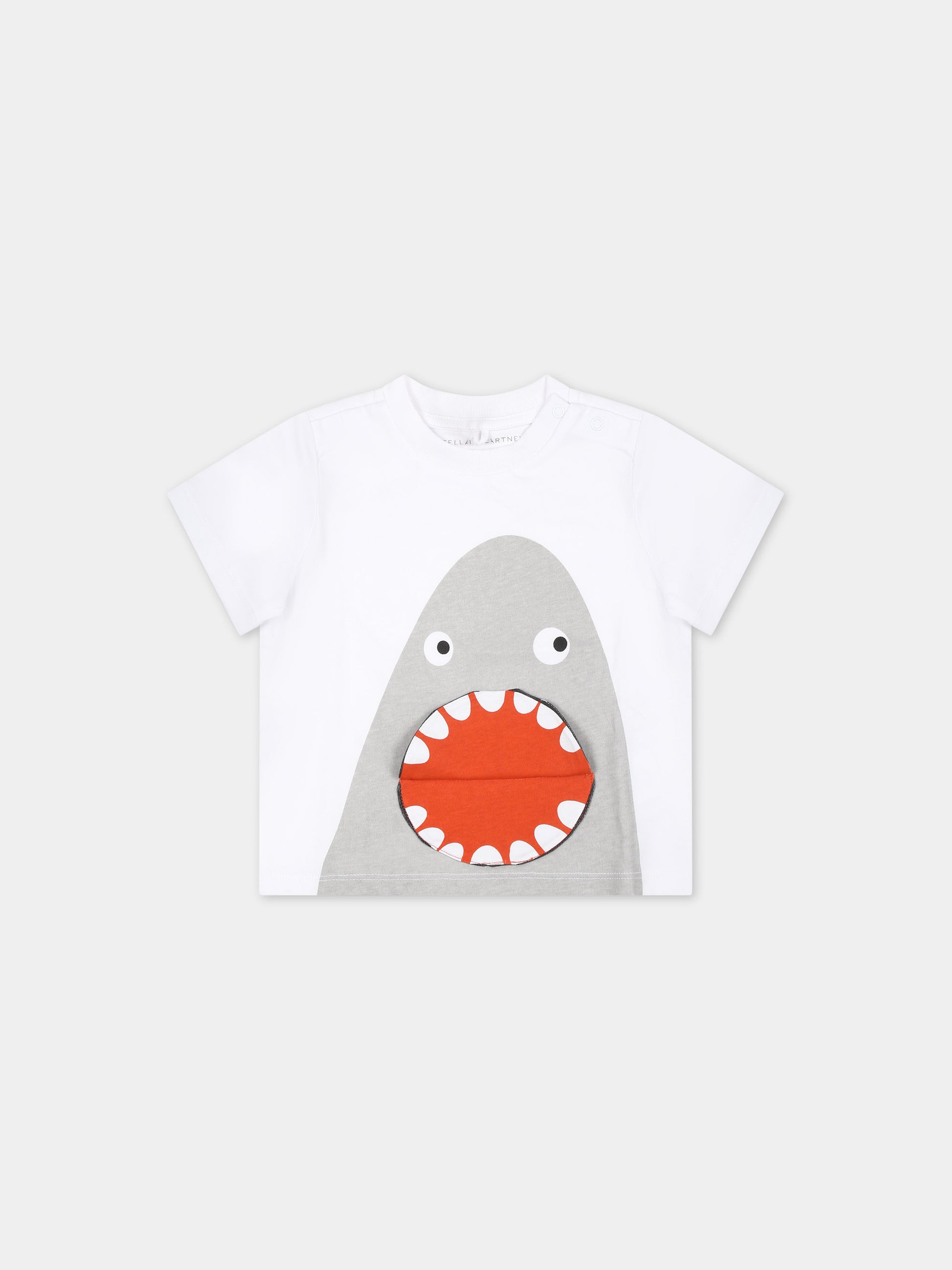 T-shirt bianca per neonato con stampa squalo,Stella Mccartney Kids,TU8671 Z0434 101